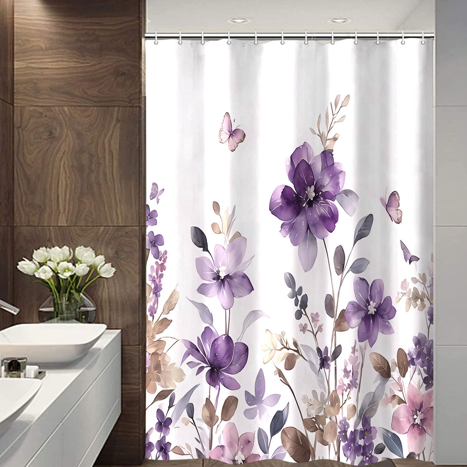 Purple Floral Shower Curtain, Purple Lavender Floral Butterfly Boho Shower Curtains for Bathroom, Farmhous Flower Cute Fabric Shower Curtain Set with 12PCS Hooks, 70X85IN