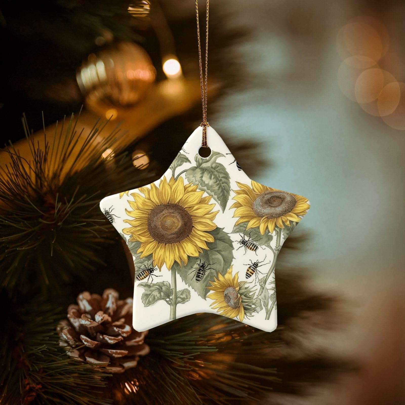 Christmas Tree Ornaments Ceramics Christmas Decorations Sunflowers and Insects Ornaments with Gold Ribbon Porcelain Xmas Tree Crafts Star Shape Hanging Pendant for Christmas Tree Party Decor