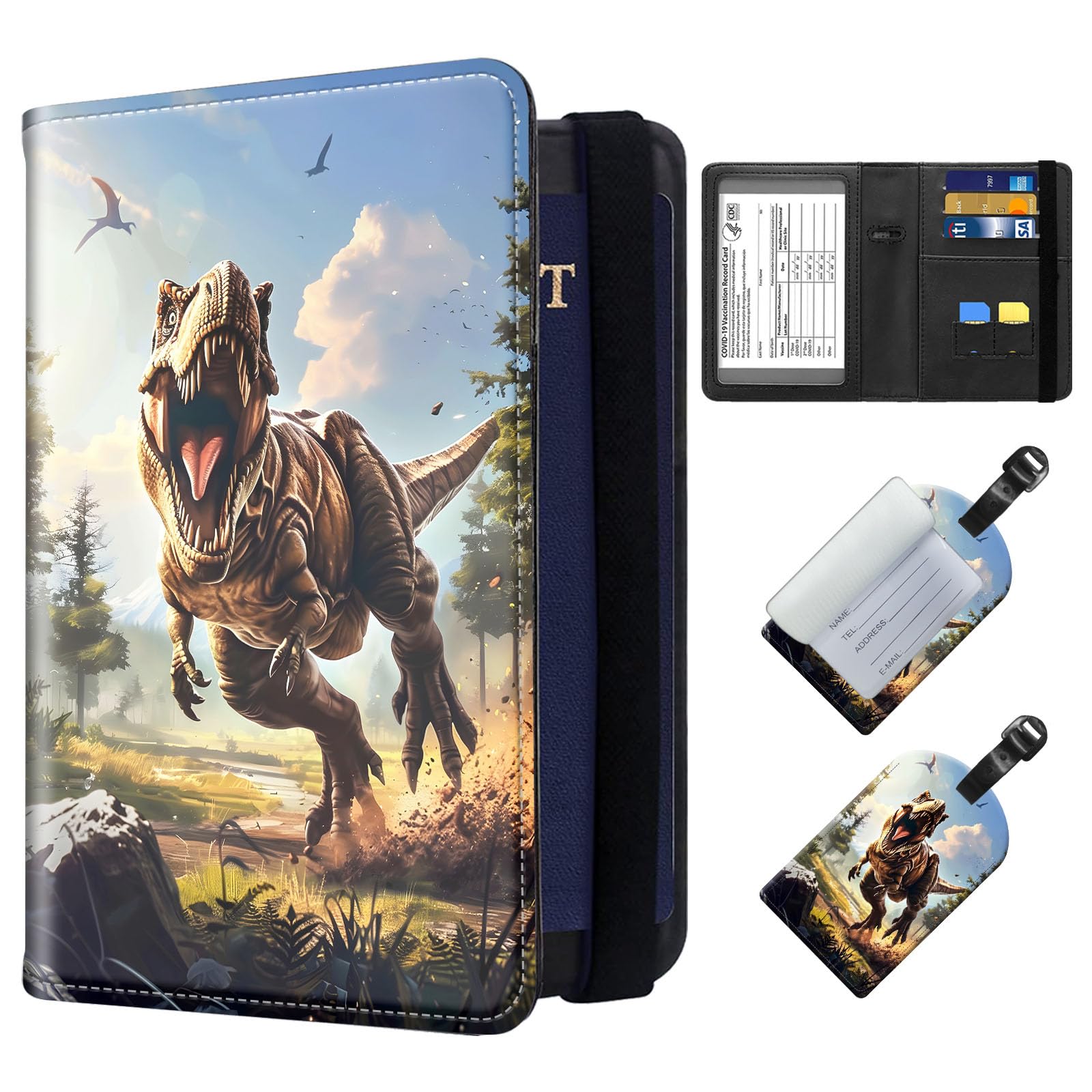 ETLKJVBL Exquisite Passport Holder for Travel Accessory, Ferocity Dinosaur Leather Passport Cover with Space for Documents and Family Photos, Travel