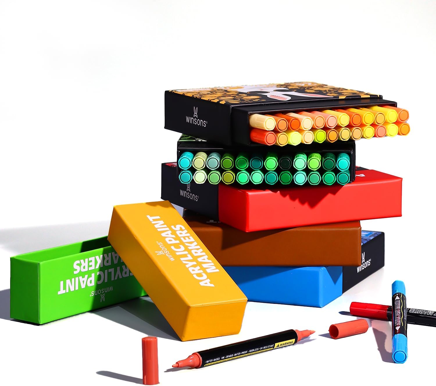 24色アクリルペイントマーカーセット &ndash; 鮮やかな油性ペイントペン ブラシと細いペン先 水性速乾 ロックペインティング キャンバス