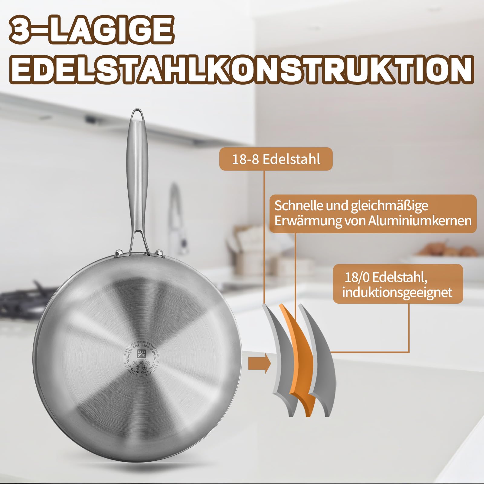 GOLDEN KEY Edelstahlpfanne Set 28 24 20 cm, Bratpfannen Edelstahl Induktion unbeschichtet, Edelstahl Pfanne ohne beschichtung,Stainless Steel Pan Set Für alle Herdarten Ofenfest Spülmaschinenfest