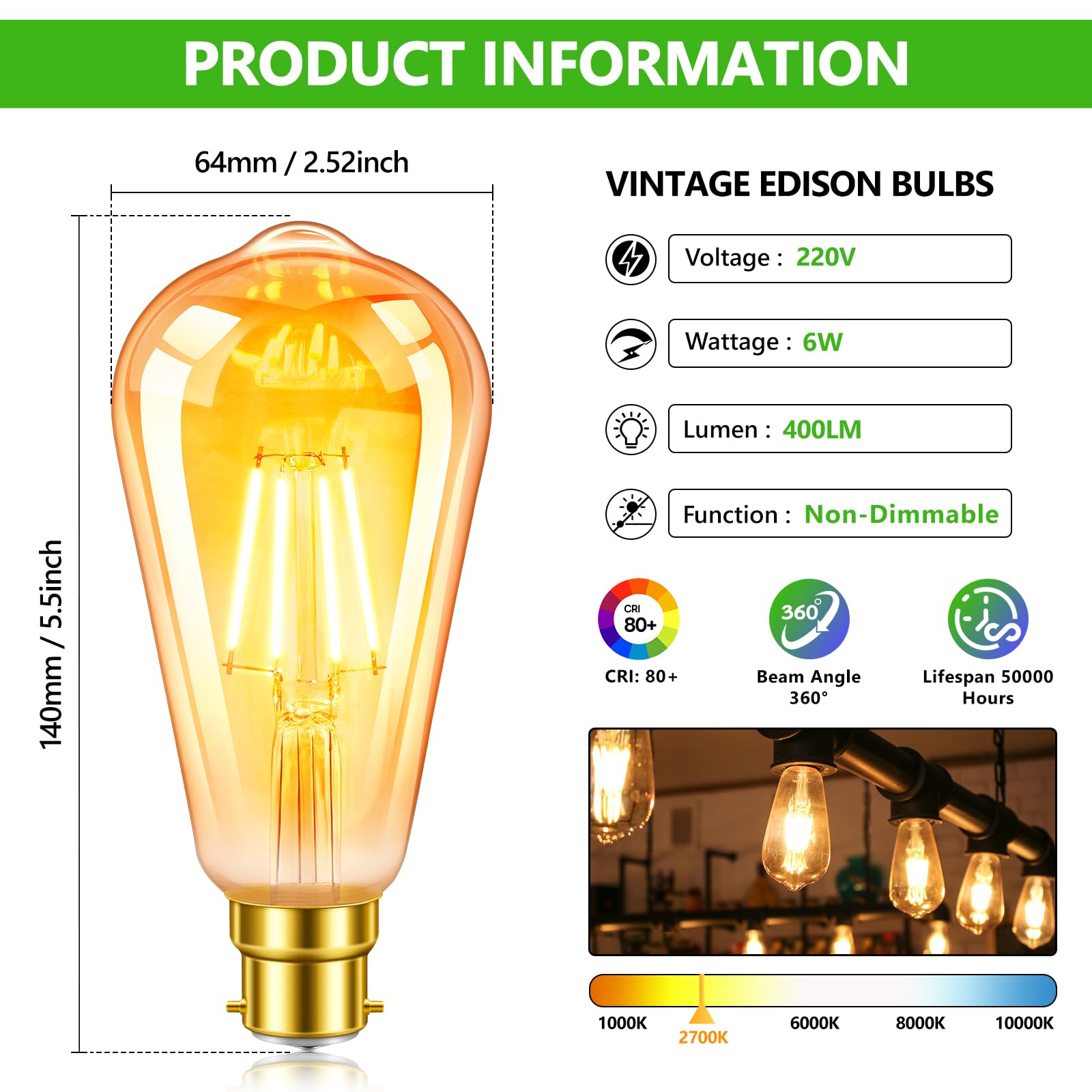 Morotty B22 Vintage Bayonet LED Light Bulbs 6W,Decorative Light Bulb,60W Equivalent,400lm,Warm White 2700K,ST64 LED Filament Bulb - Image 2