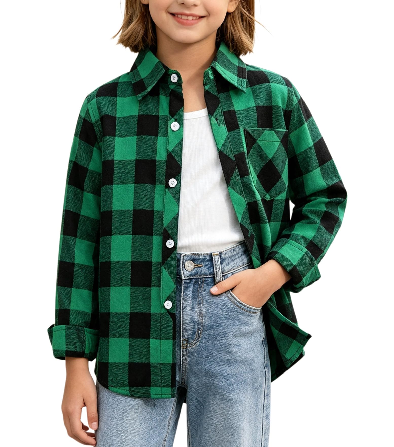 SANGTREE Womens and Girls Long Sleeve Flannel Shirt Plaid Button Down Shirt
