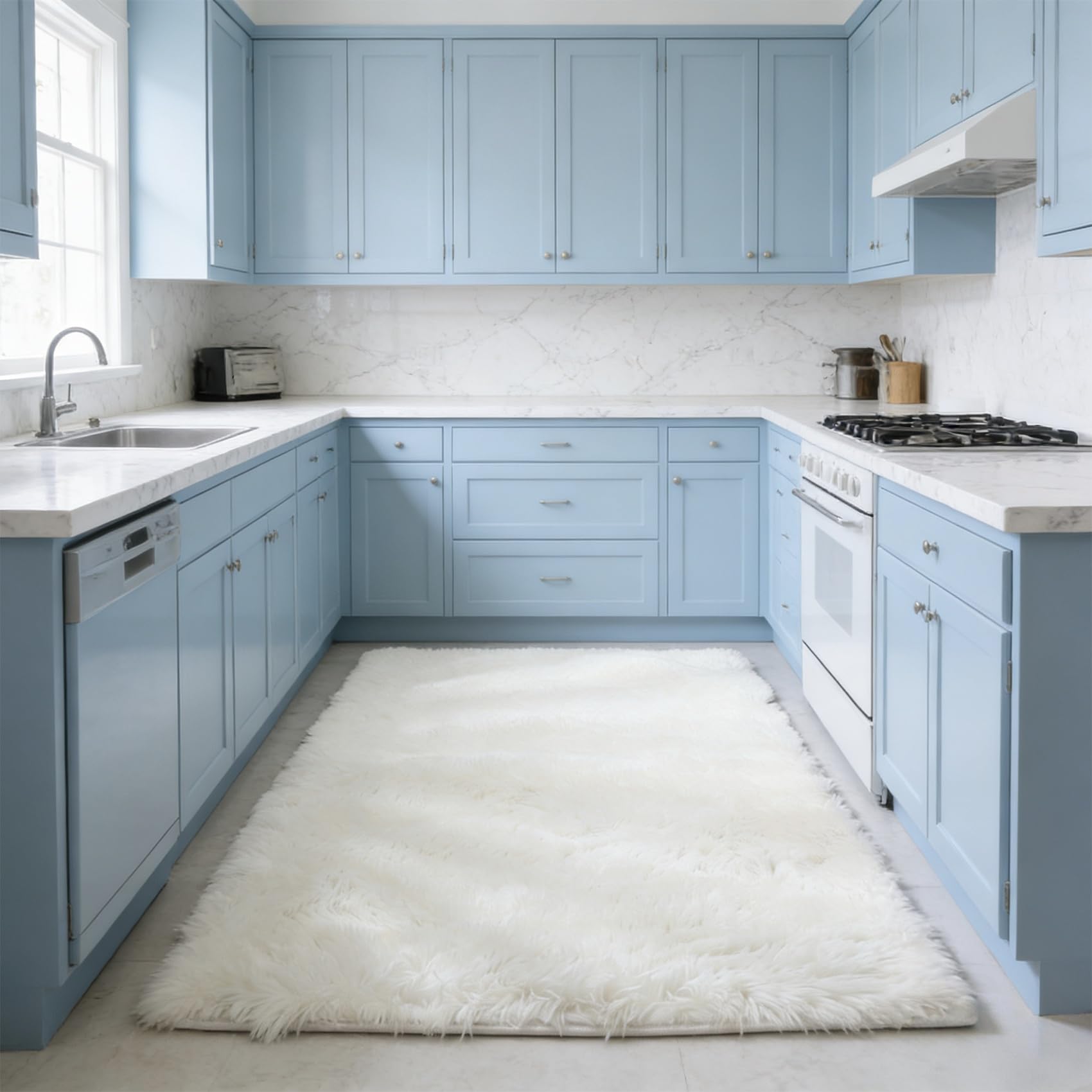 Tapis blanc pour couloir et cuisine long format moelleux