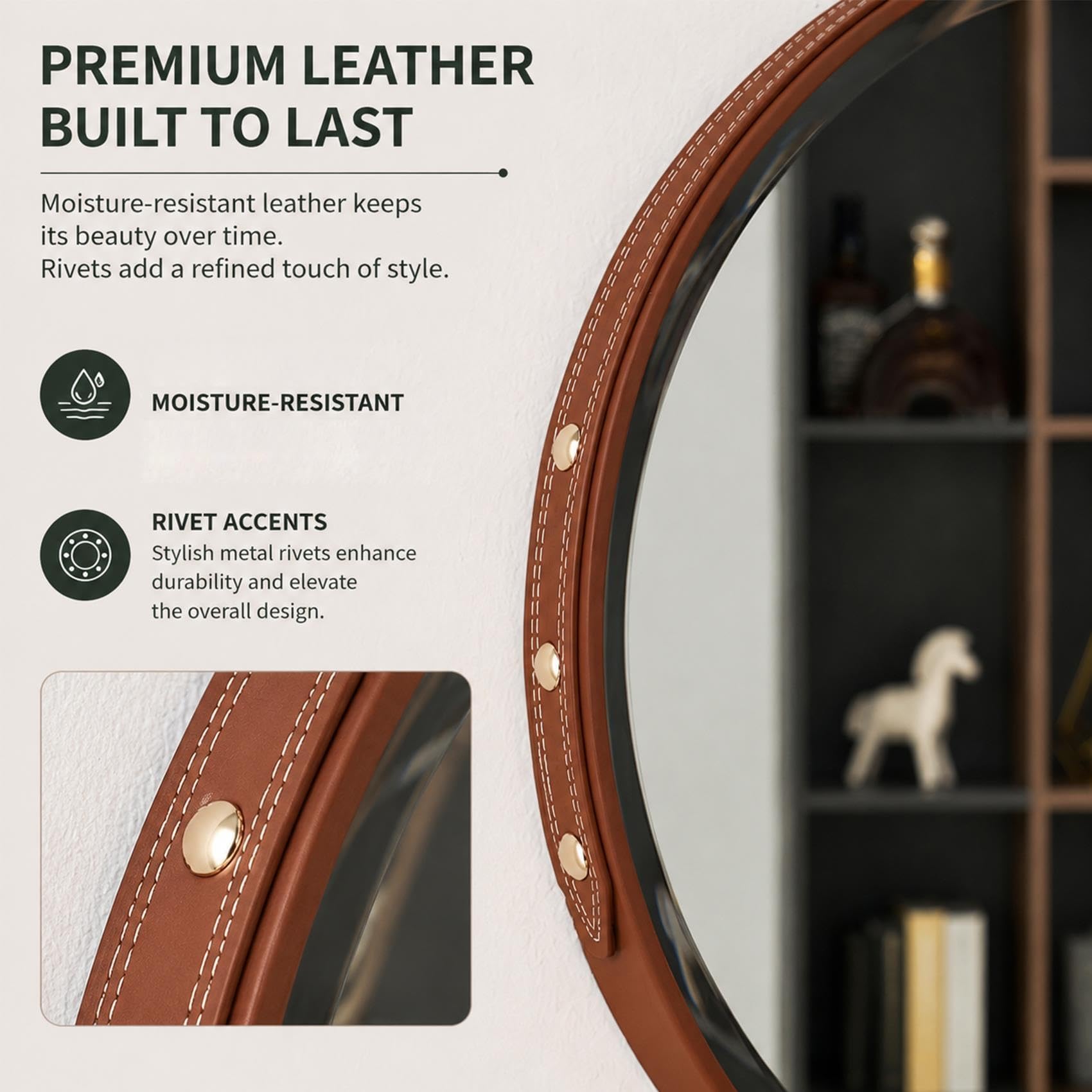 Specchio Cintura Pelle Specchio da Parete Ovale Bagno Ingresso Rivetti