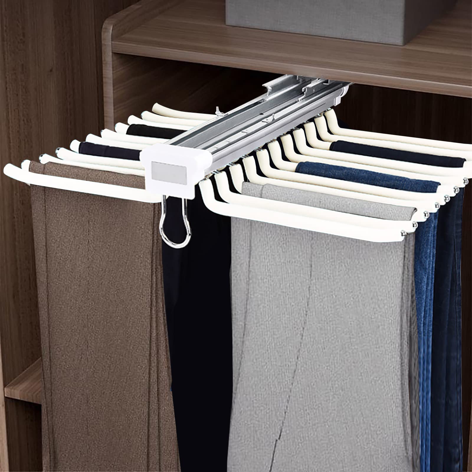 DDBESSIC Pull-Out Trousers Rack, 22 Arms Steel Pull Out Pants Rack Clothes Hanger Rail for Closet, Pants Hanger Space Saving Clothes Organizers Non-Slip Closet Storage Organizer