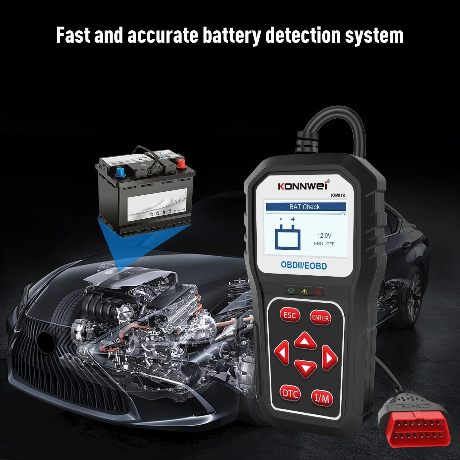KONNWEI KW818 performing a battery test on a car battery