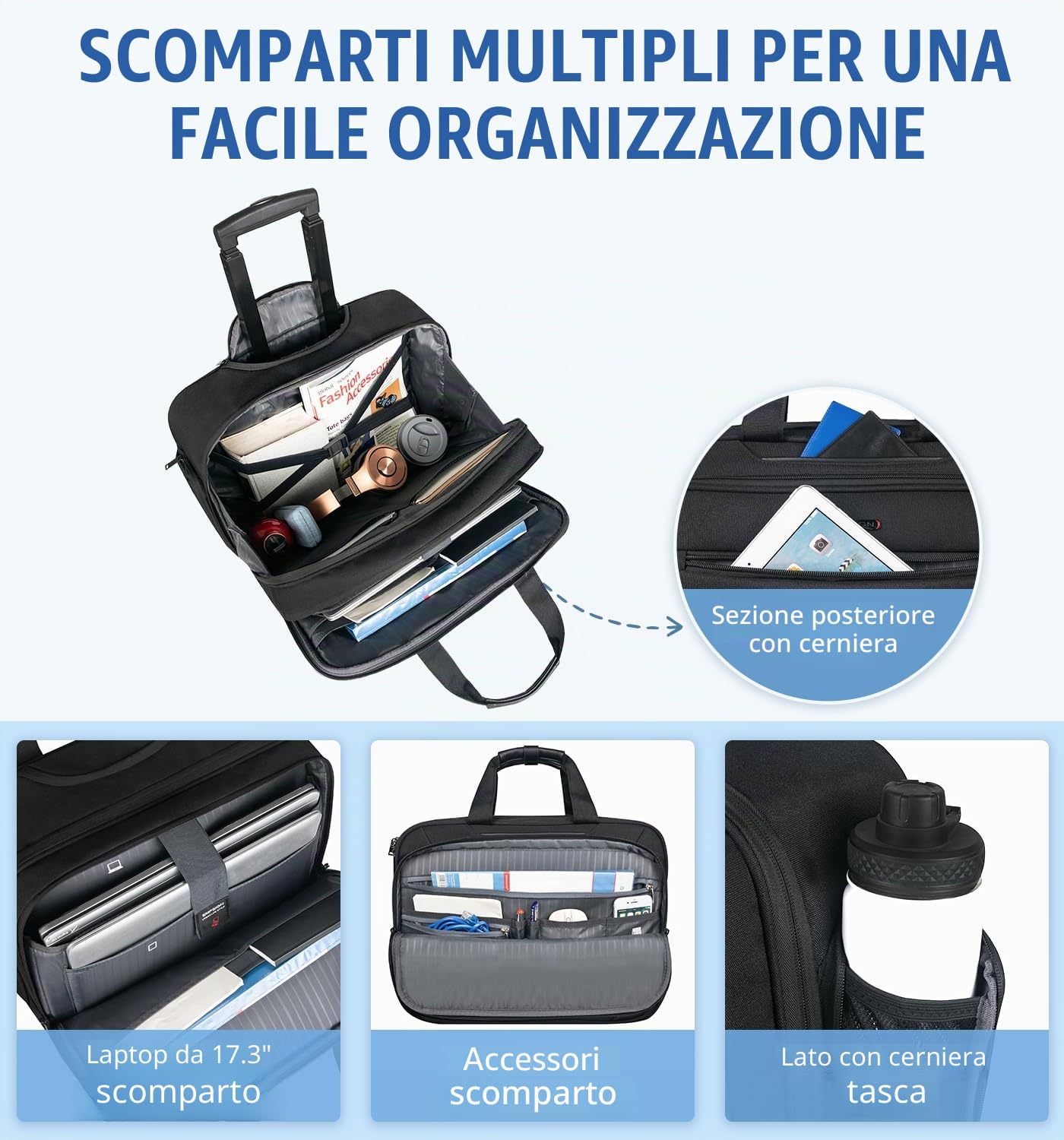 EMPSIGN Borsa porta PC 17,3 pollici con ruote, trolley impermeabile resistente, bagaglio a mano con tasca RFID, cartella con ruote per viaggio, lavoro e affari unisex - nera