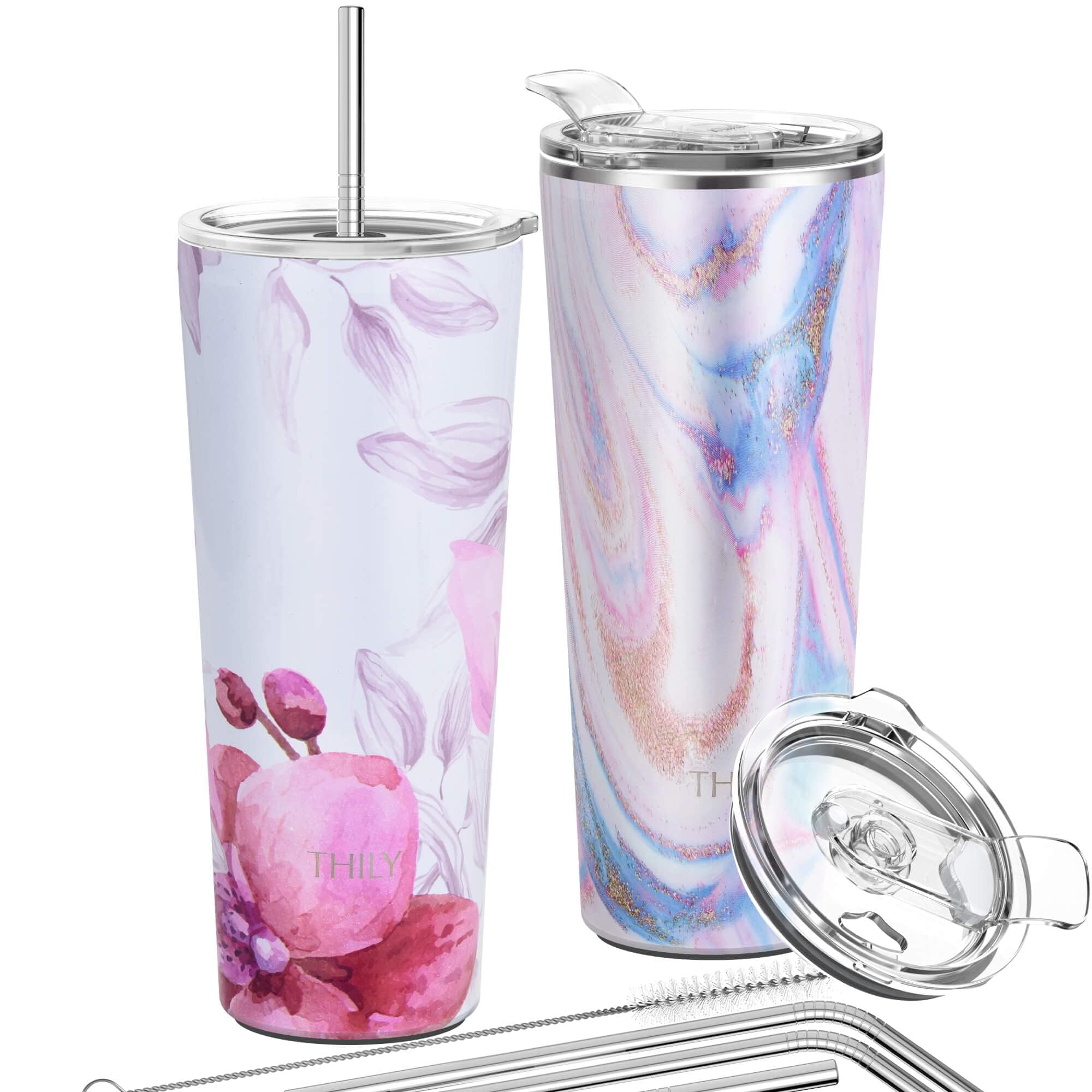 Vakuumisolierter Edelstahlbecher – THILY 780 ml dreifach isolierter Reisebecher mit spritzwassergeschütztem Deckel, für Eiskaffee und heiße Getränke, 2er-Pack, Pink Ripple + Lotus Flower