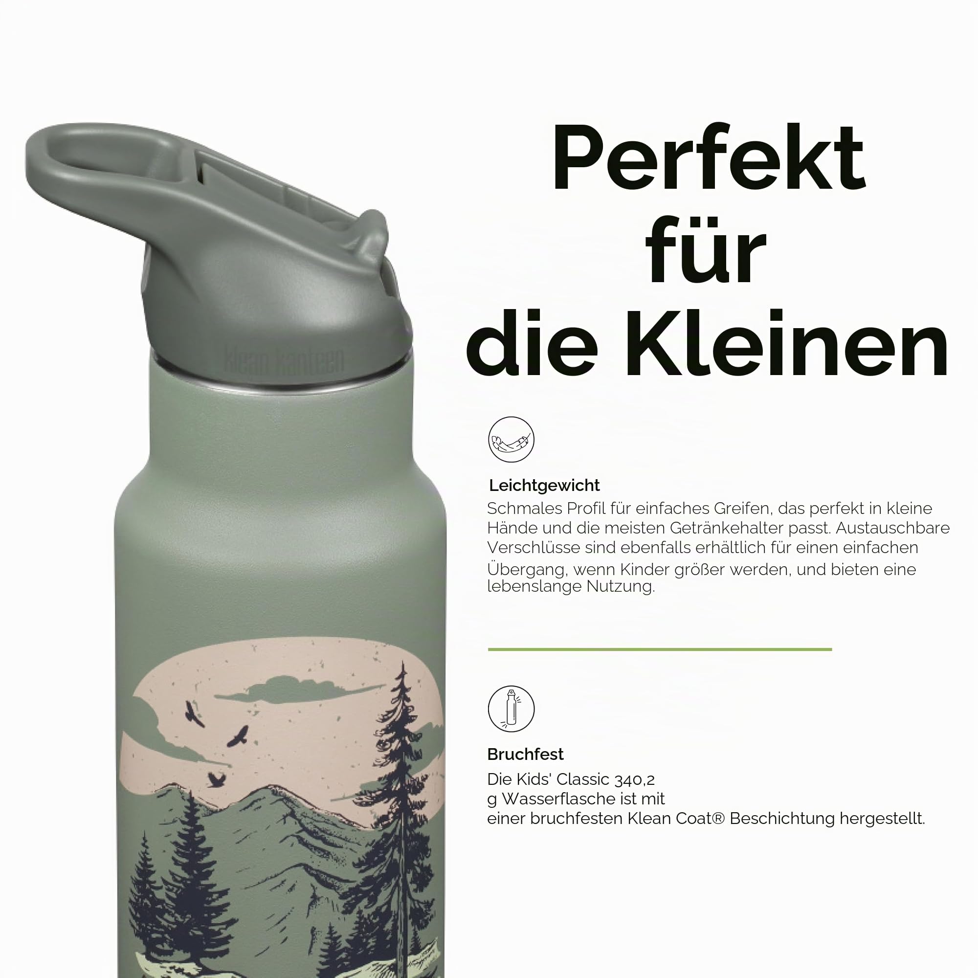 Klean Kanteen Klassische Kinder-Wasserflasche mit Klappverschluss, Sportverschluss, 340 ml, Berglandschaft, Mountain Scape