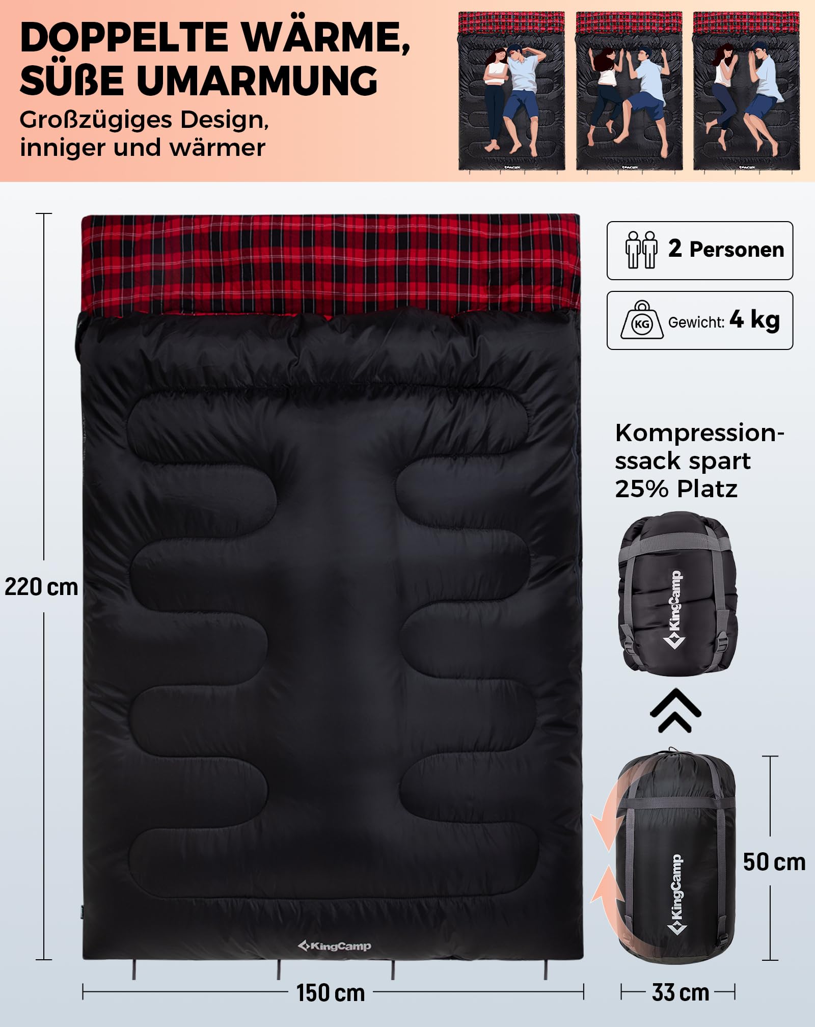 KingCamp Doppelschlafsack Baumwolle Flanell Winter Schlafsack 2 Personen Warmer Deckenschlafsack 3-4 Jahreszeiten mit 2 Flanell Kissen für Kinder & Erwachsenen Camping Reisen und Aktivitäten Outdoor