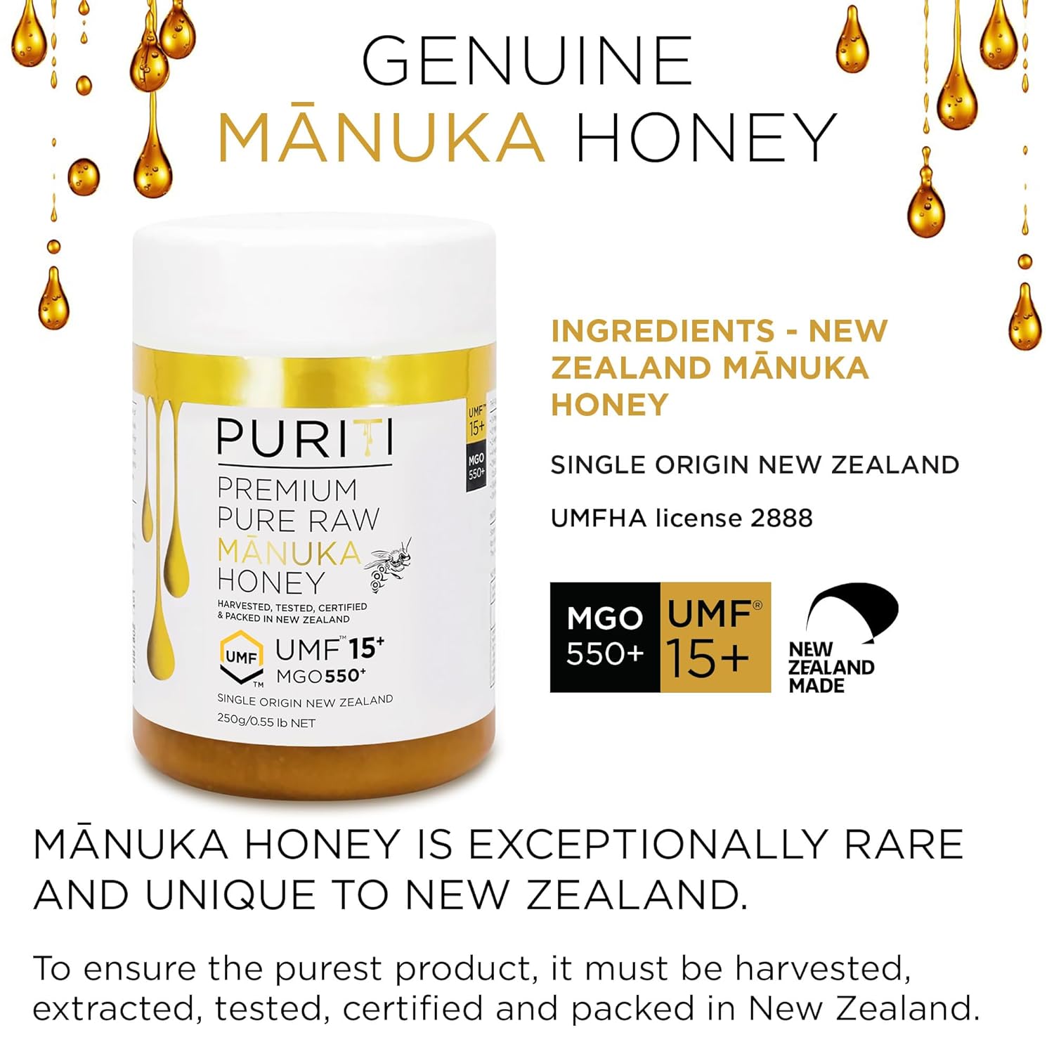 PURITI Manuka Honey MGO 550+ / UMF 15+ | 100% Pure Genuine Raw Manuka Honey | 8.8 Oz / 250g | Harvested, Tested, Certified and Packed in New Zealand