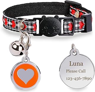 Personalized Breakaway Cat Kitten Collars with ID Tag Bell,Safety Quick Release Kitty Collars for Girls Boys Cats-Heart Pattern-Red