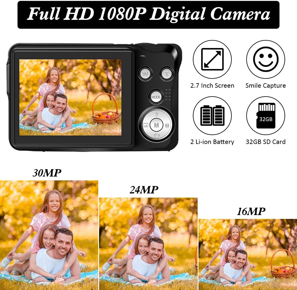CEDITA 1080P Digital Camera 30MP Compact 2.7 inch Pocket Camera,8X Zoom Rechargeable Small Cameras for Kids, Students, Teens,Beginners with 32GB SD Card and 2 Batteries, Black, DC5B