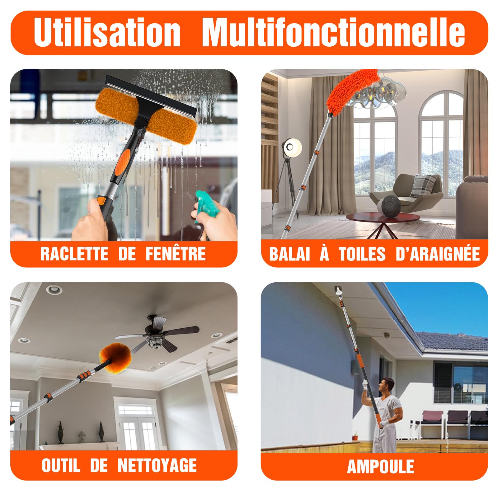 LAANPOLE Perche Telescopique, Perche Telescopique Nettoyage Panneaux Solaires en Aluminium 1-7,2m, Manche Telescopique pour Peinture, Dépoussiérage et Nettoyage