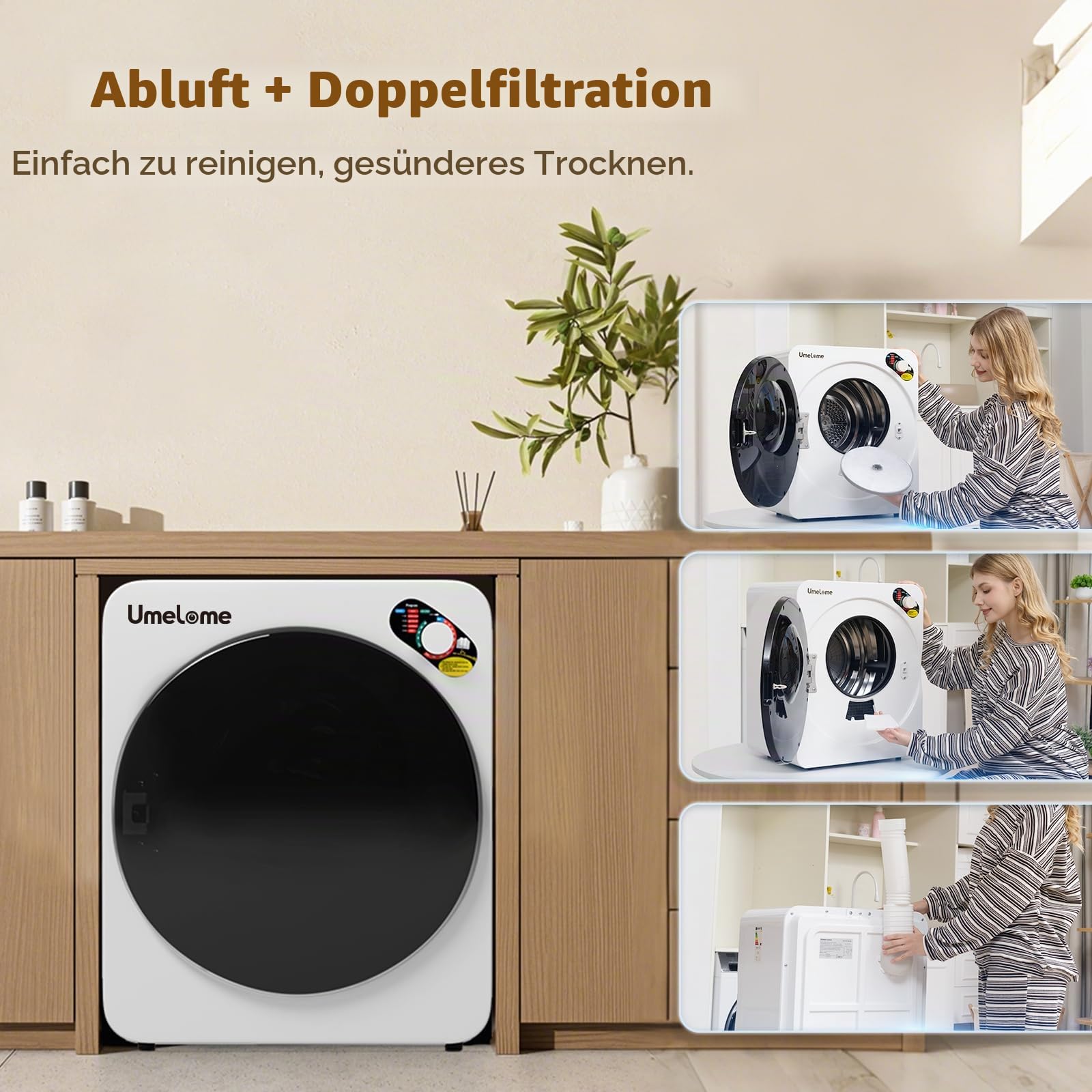 Ablufttrockner 4kg Umelome, 5 Trockenprogramme & Timer, Weiß