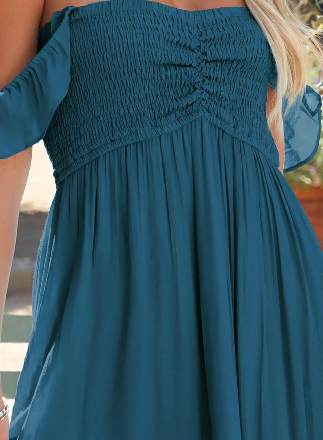 Happy Sailed Women's 2025 Summer Smocked Off The Shoulder Maxi Dresses Ruffle Short Sleeve A Line Side Slit Sundress - Image 6