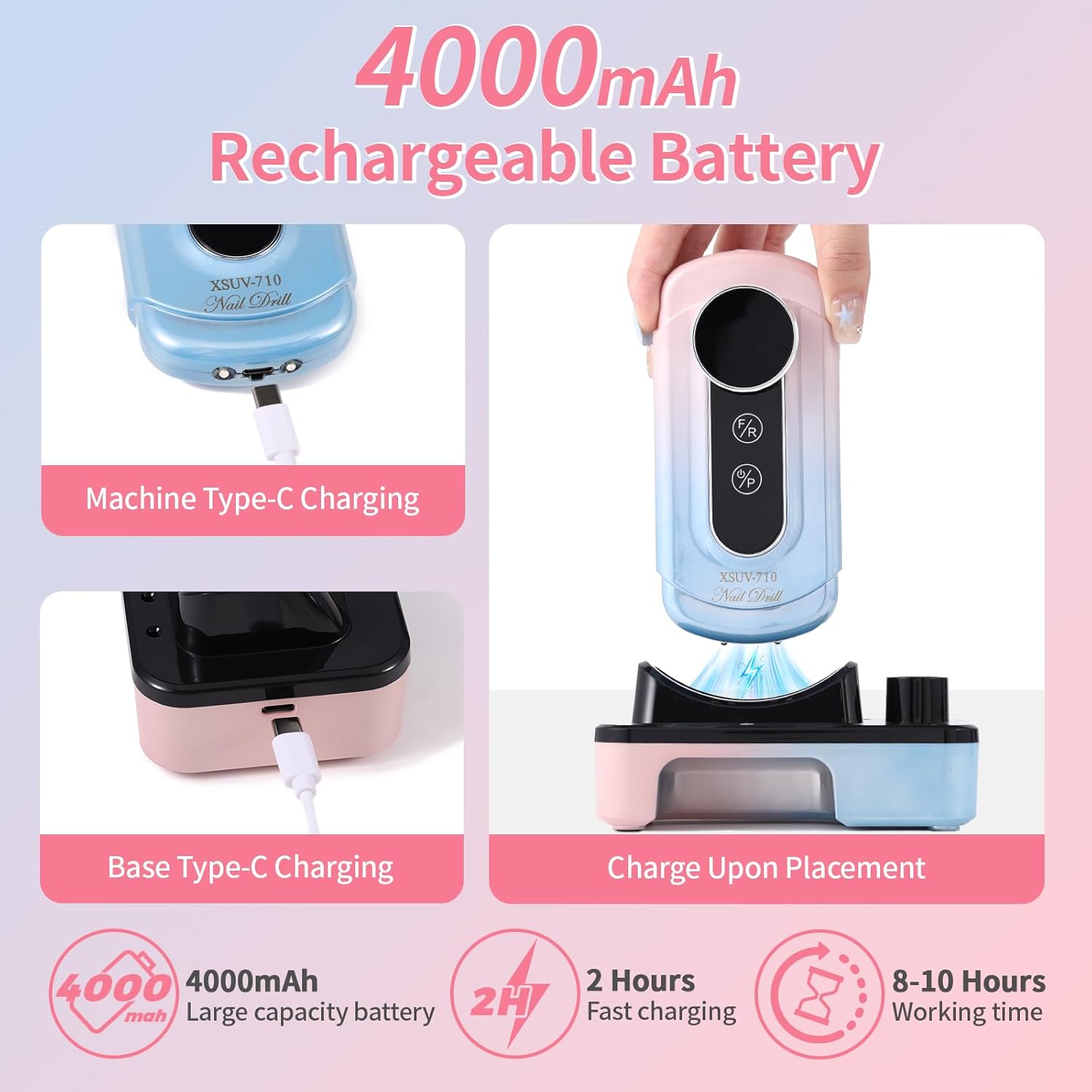 Electric Nail Drill Professional - 45000 RPM Cordless Nail Drill with Rechargeable Stand, Electric Nail File with Nail Lamp, Portable Nails Drills for Acrylic Gel Polishing Removing, Home & Salon Use