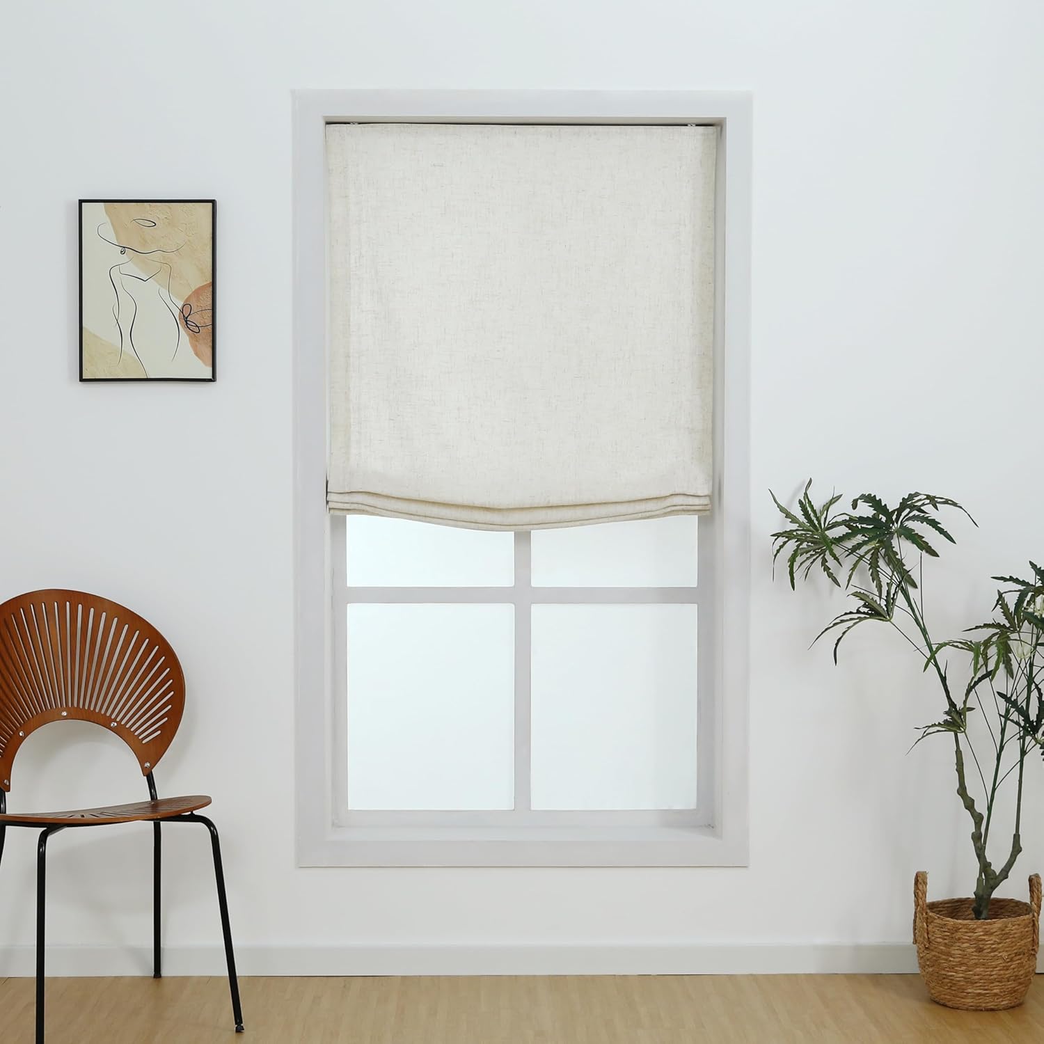 Everyday Celebration Soft Linen Blend Cordless Relaxed Roman Shade, European Classic Light Filtering Window Treatment for Home, 46" W x 64" H, White