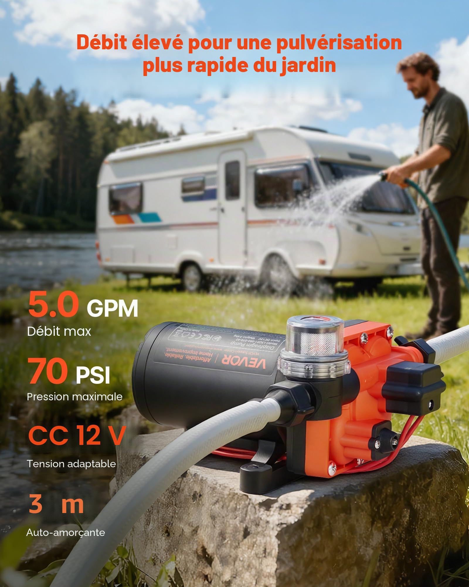 VEVOR Pompe à Eau à Membrane Auto-amorçante 12 V CC 18,9 L/min Pression 4,8 bar 4 Chambres, avec Pressostat, Pompe à Eau pour Camping-car, Lavage de Voitures, Bateaux, Irrigation Agricole, Jardin