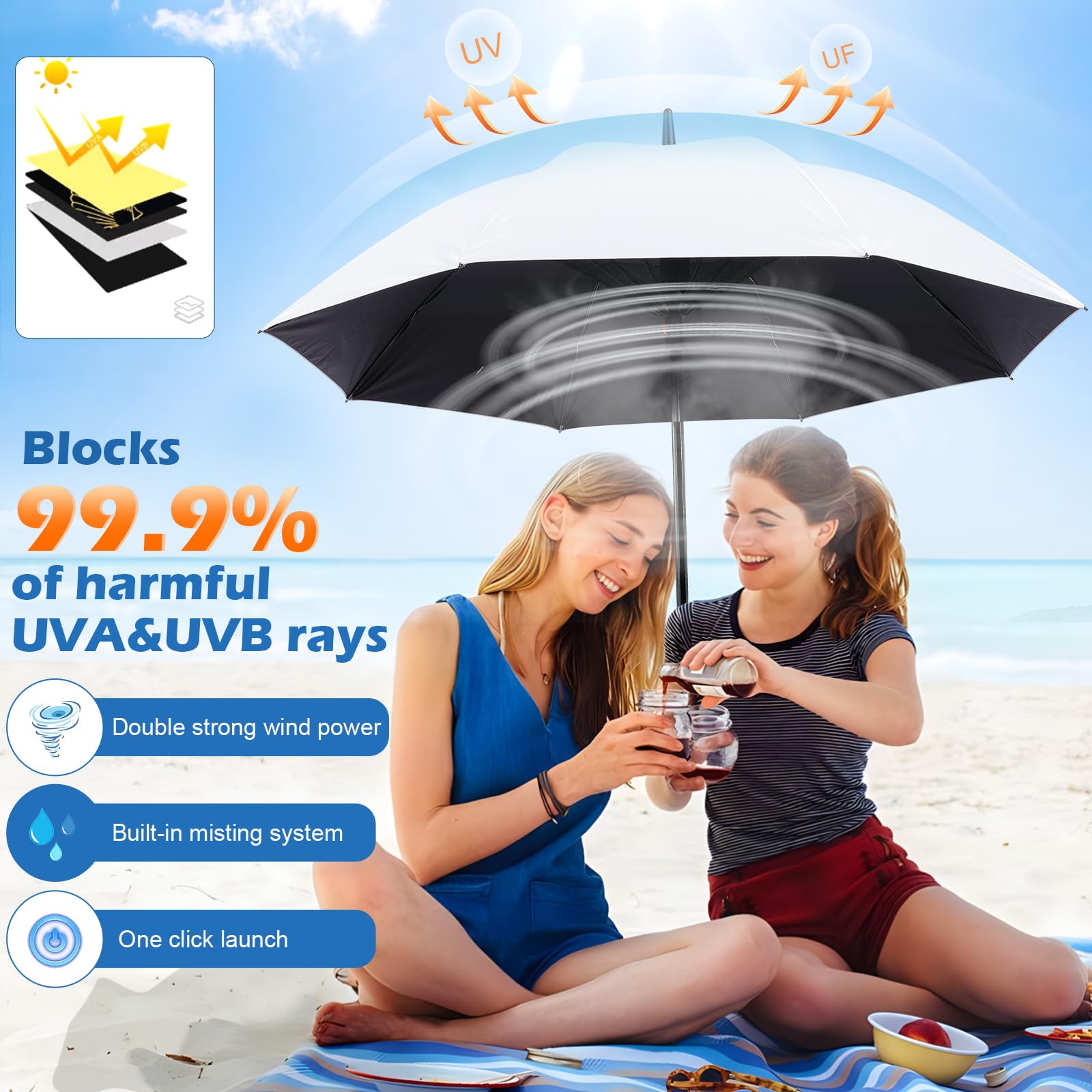 Parapluie avec ventilateur et brume, rechargeable – Solution ultime pour le refroidissement et la protection UV – Idéal pour l'été, la plage, les sports de plein air, le golf, les activités de pêche