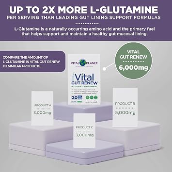 Vital Planet - Vital Gut Renew Powder Supplement for Leaky Gut Repair with L-Glutamine, Marshmallow and Ginger Root, DGL Licorice Root and Organic Aloe Vera, 6000mg, 20 Single Serve Packs