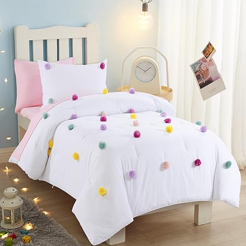 Miniatura 8 de HOMBYS Juego de edredón con pompones para niñas, juego de edredón bohemio de 5 piezas para todas las estaciones, tamaño individualindividual XL