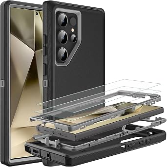 for S24 Ultra Case, Samsung Galaxy S24 Ultra Case with Self Healing Flexible TPU Screen Protector [2 Pack], 3 in 1 Heavy Protection Case for Samsung S24 Ultra Black/Grey
