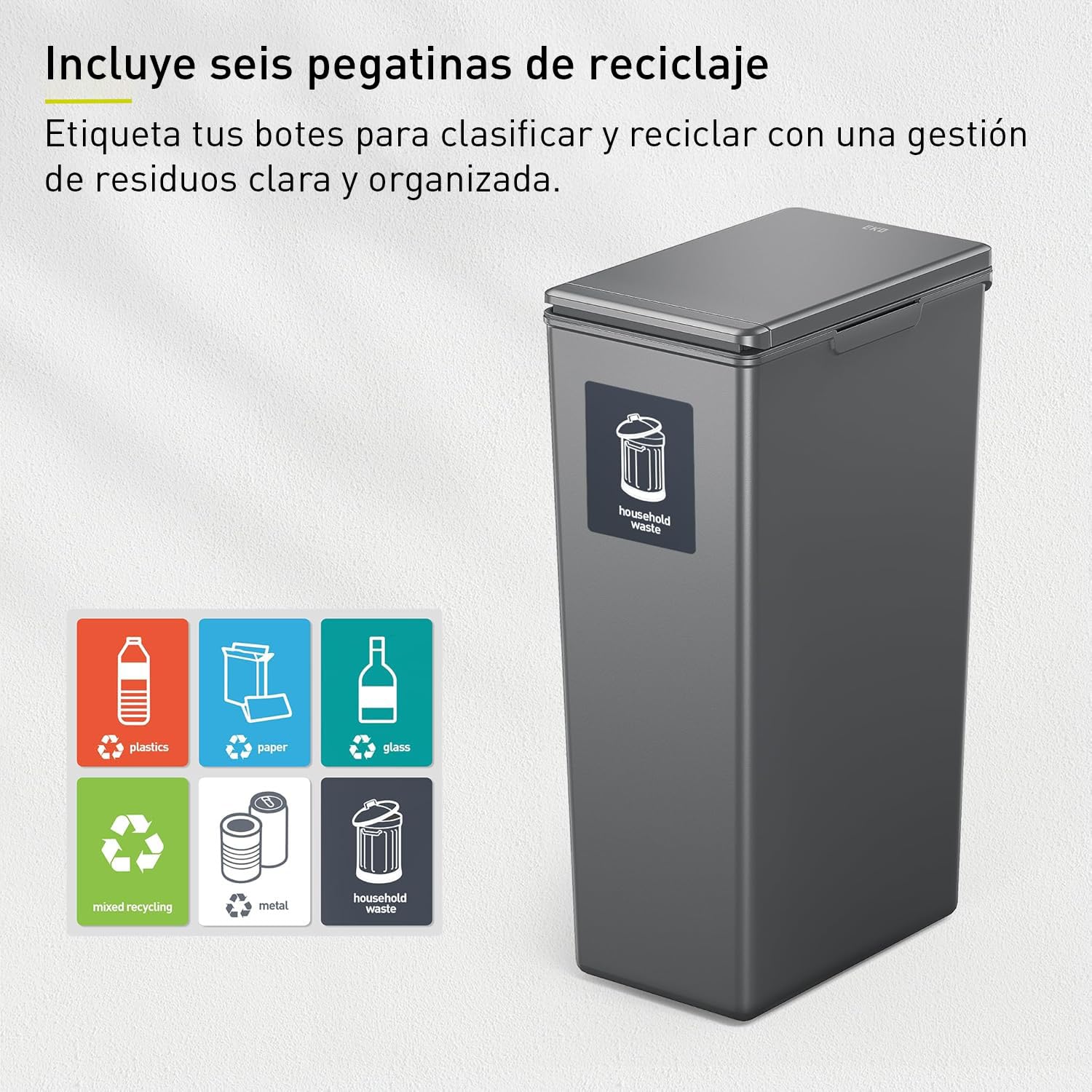 EKO - Cubo de Basura Cocina Morandi - 30 L - Apertura Táctil con Tapa - Borde Interior Extraíble y Sistema Modular para Reciclaje - Gris Oscuro