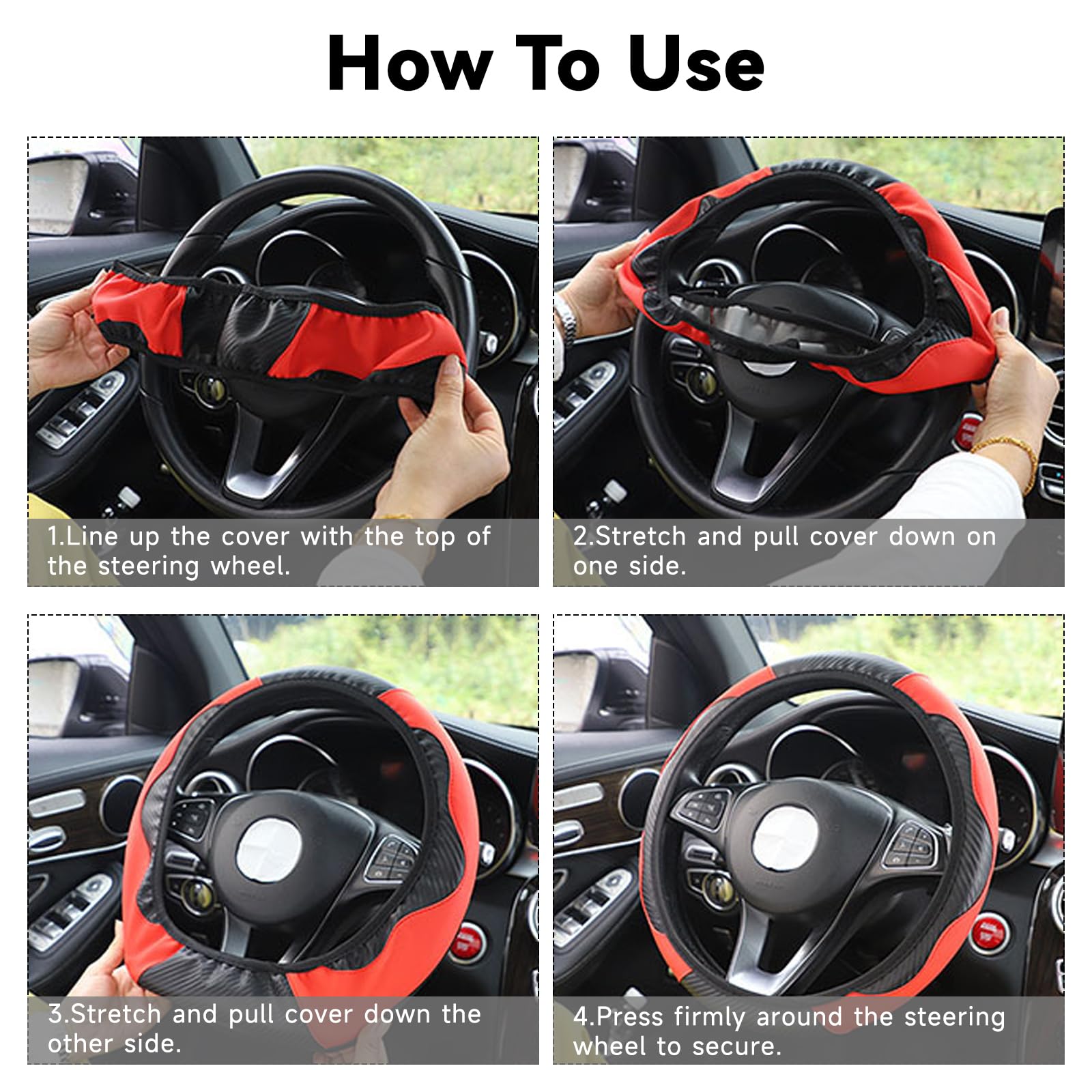 Sporty Red Carbon Fibre Steering Wheel Cover, Universal Stretchable Fit (37-38cm/14.5-15inch) | Genuine Leather Feel, Non-Slip & Breathable | Luxury Car Steering Wheel Protector Cover — view 5