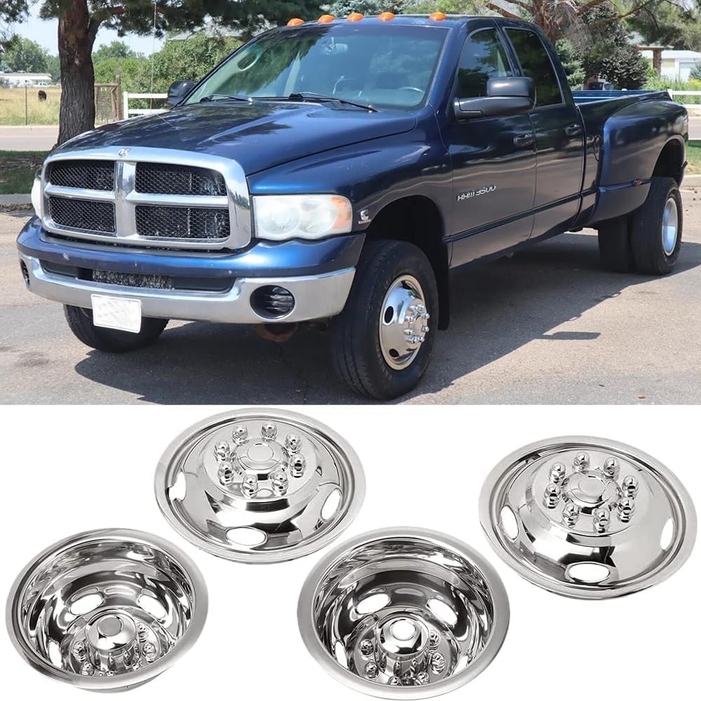4pcs 17inch Polished Stainless Steel Dually Wheel Simulators, Bolt On Wheel Cover with Removable Centre Cap, 8 Lug Hubcaps fit for 2003-2018 Dodge Ram 3500 C17D8