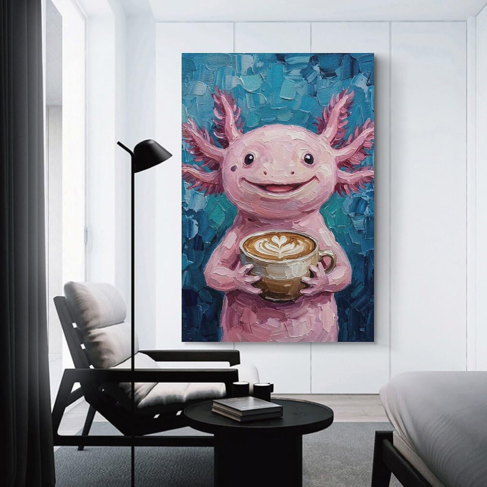Junmoney Axolotl with Coffee Painting Wall Decor Canvas Print, 20x30inch(50x75cm), for Wall Displays, Bedrooms Or Room Updates, Wall Decor Suited to Curated Displays
