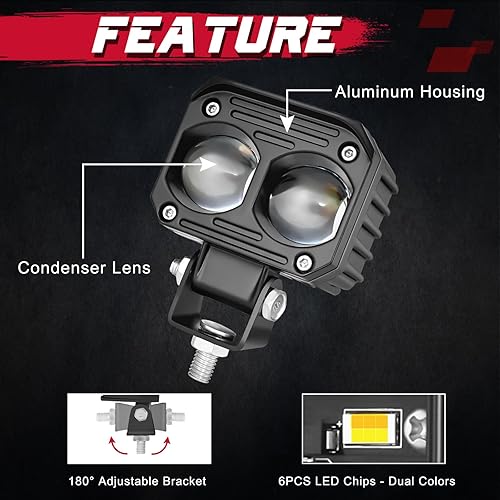 Miniatura 4 de OFFROADTOWN Luces LED antiniebla para conducción de motocicleta, 2.5 pulgadas, 2 unidades, 40 W, de doble color, LED para conducción, luz