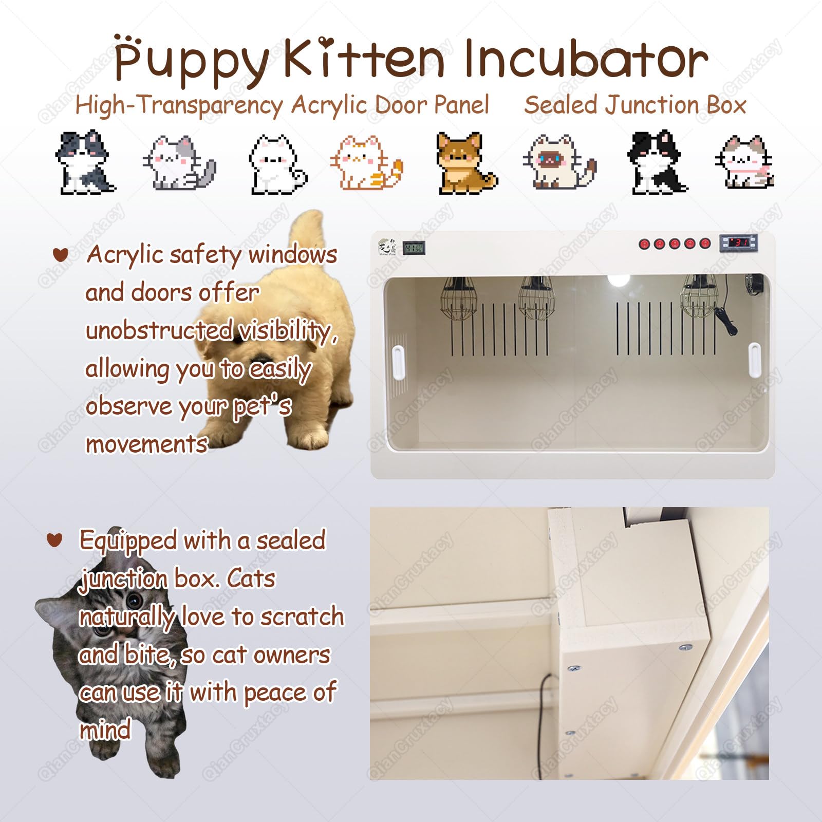 Caja Incubadora para Mascotas con Control de Temperatura Constante, Criadero Calefaccionado para el Cuidado de Cachorros, Gatitos y Todo Tipo de Animales Pequeños Black-60 * 50 * 50cm