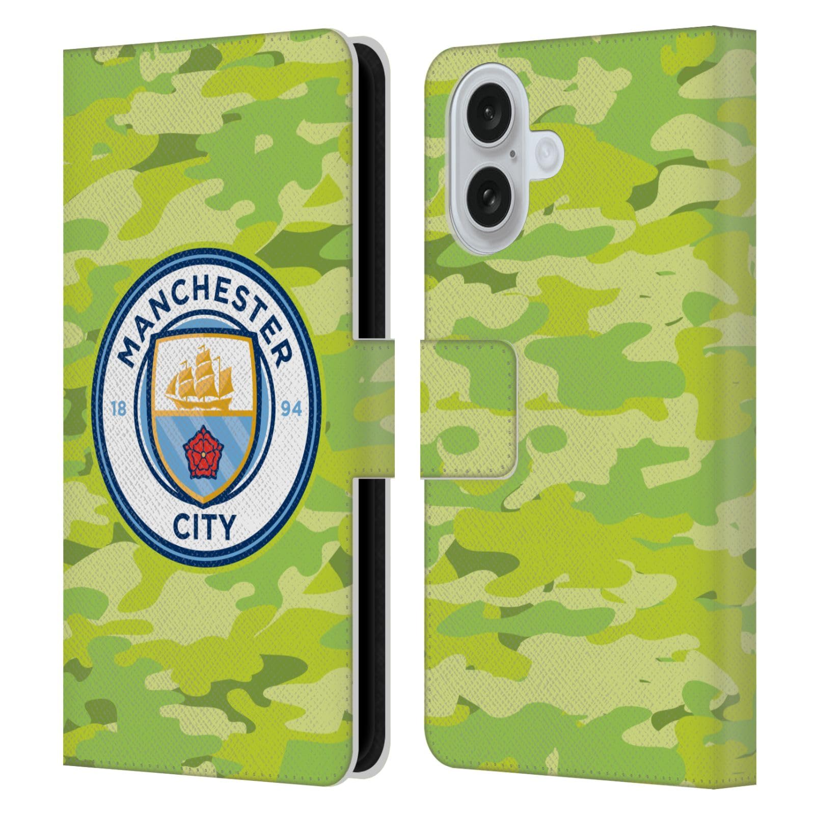Head Case Designs Officially Licensed Manchester City Man City FC Goalee Badge Camou Leather Wallet Case Compatible With Apple iPhone 16