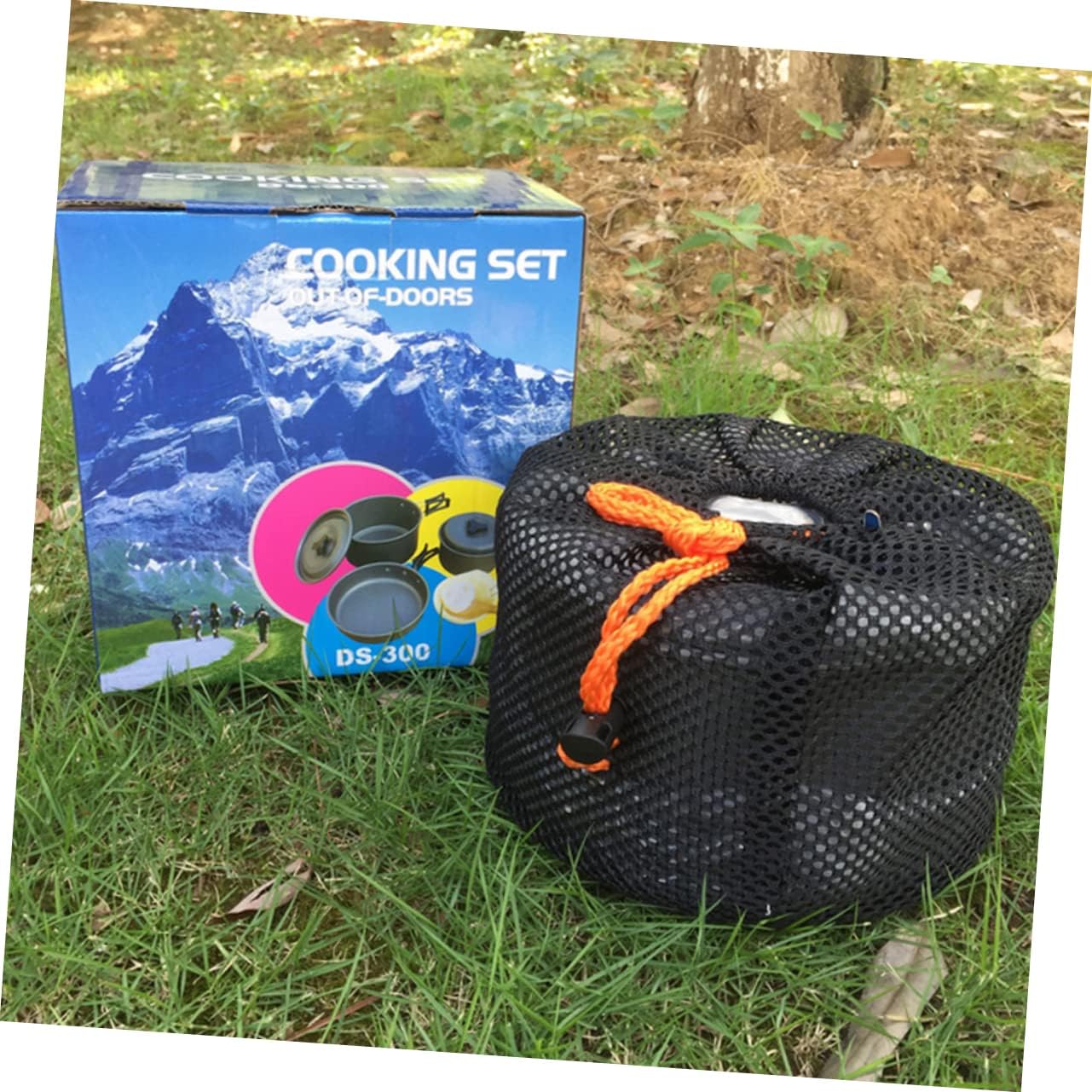Mikikit 1Set Portable Camping Cookware for People Non Stick Cooking Equipment with Pot Pot Frying Pan Utensils and Mesh Bag for Outdoor BBQ Picnic