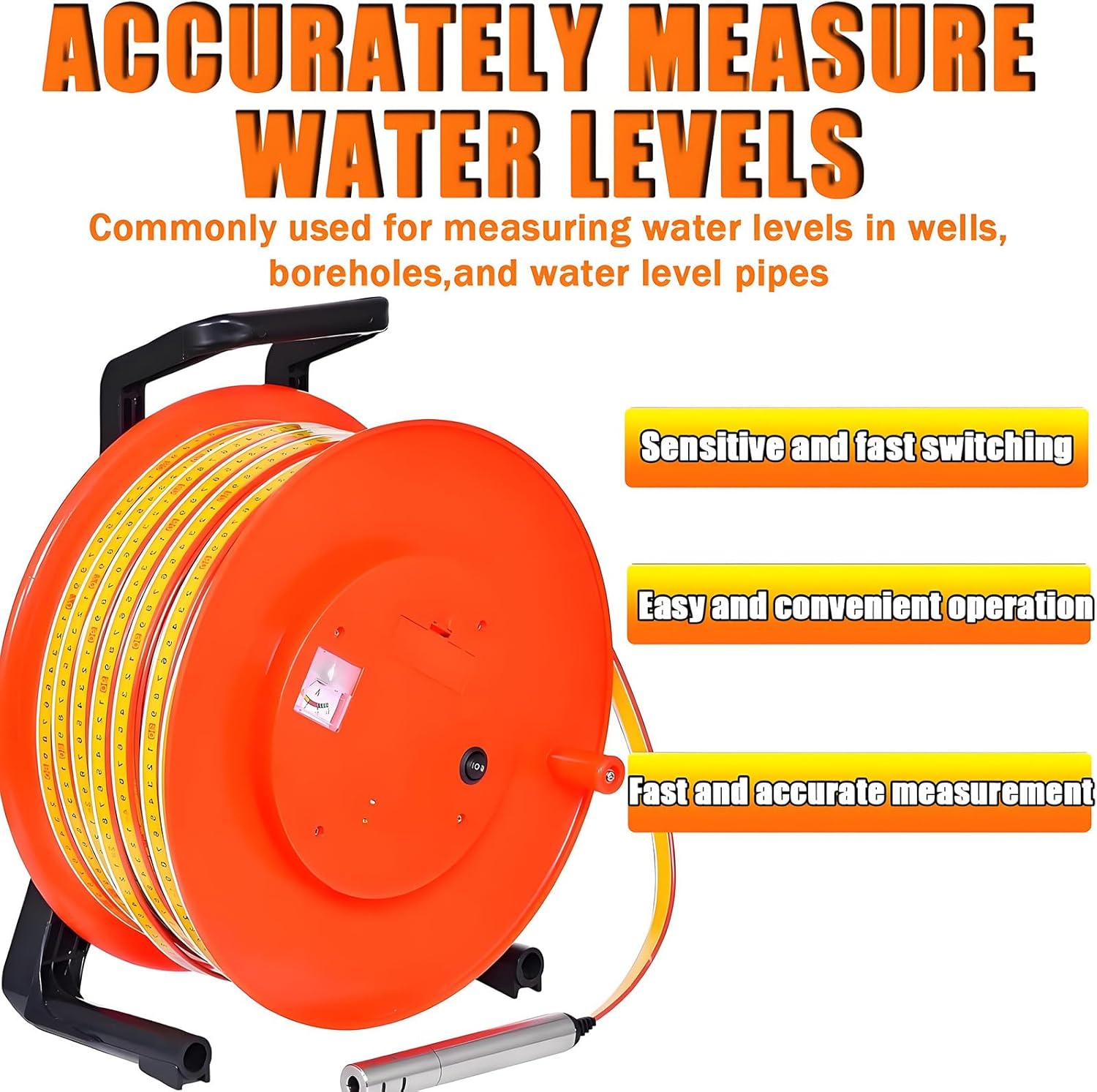 Deep Well Water Level Meter, Portable 10-300m with Stainless Steel Probe, Measuring Tools for Water Well Repair, Indicator Light, Peak Display 150m
