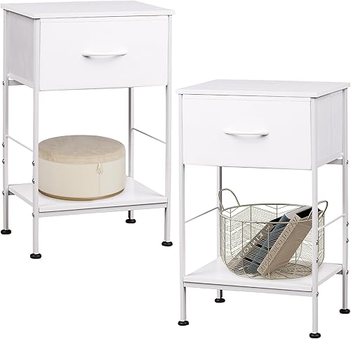 Vista 21 de WLIVE Mesita de noche blanca, mesita de noche con cajón de almacenamiento de tela y estante de madera abierto, mesa auxiliar lateral pequeña, mesita