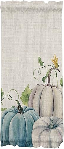 Miniatura 6 de JasmineM Cortinas de puerta de calabaza otoñal para privacidad, cortinas florales blancas y azules para puerta francesa con alzapaños, cortinas de