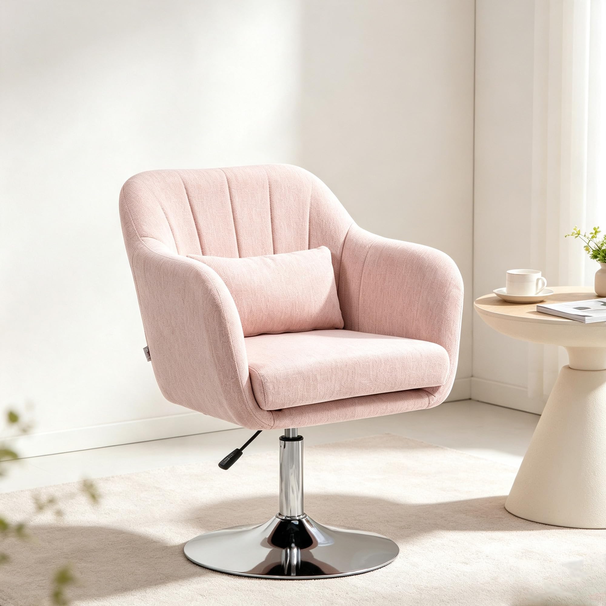 HOMCOM Sillón para salón Ajustable en Altura Lino Rosa | Sillón relax, sillón de dormitorio, 360° giratorio, cojines lumbares, base de metal cromado