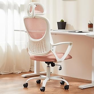 SweetcrispyOffice Computer Desk Chair, Ergonomic High-Back Mesh Rolling Work Chairs with Wheels and Adjustable Headrests, Comfortable Lumbar Support, Comfy Armrest for Home, Bedroom, Study, Pink
