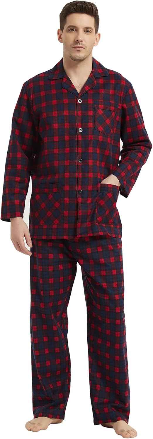 amaxer Men's Flannel Pajamas Set Men's Home Fashion Pajamas with Pockets and Drawstring 100% Cotton Soft Pjs for Men - Image 3