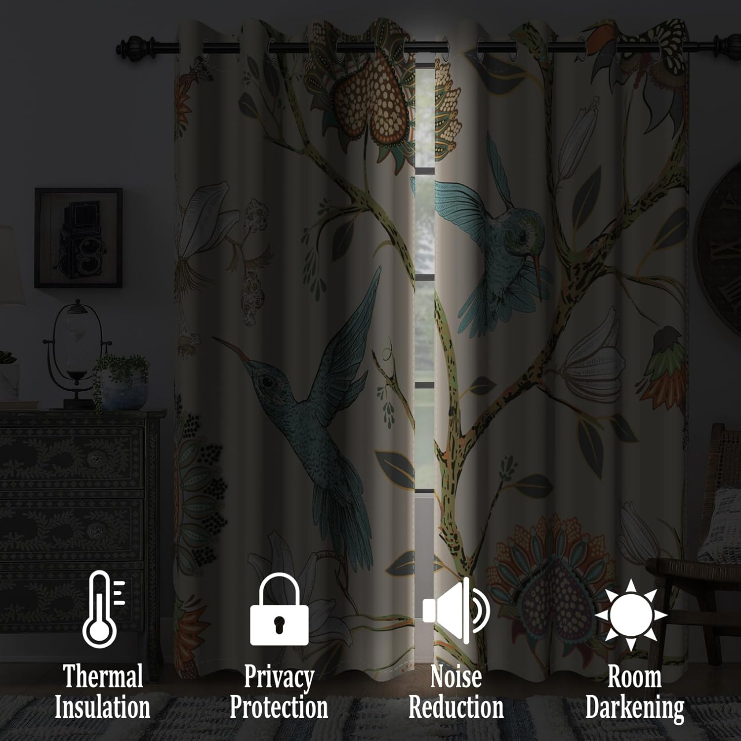 Renaiss Vintage Hummingbirds Floral Blackout Curtains for Bedroom Bohemian Flower Plant Birds Print Window Curtain Botanical Thermal Insulated Drapes for Living Room Decor 2 Panels Set, 42x63 Inch