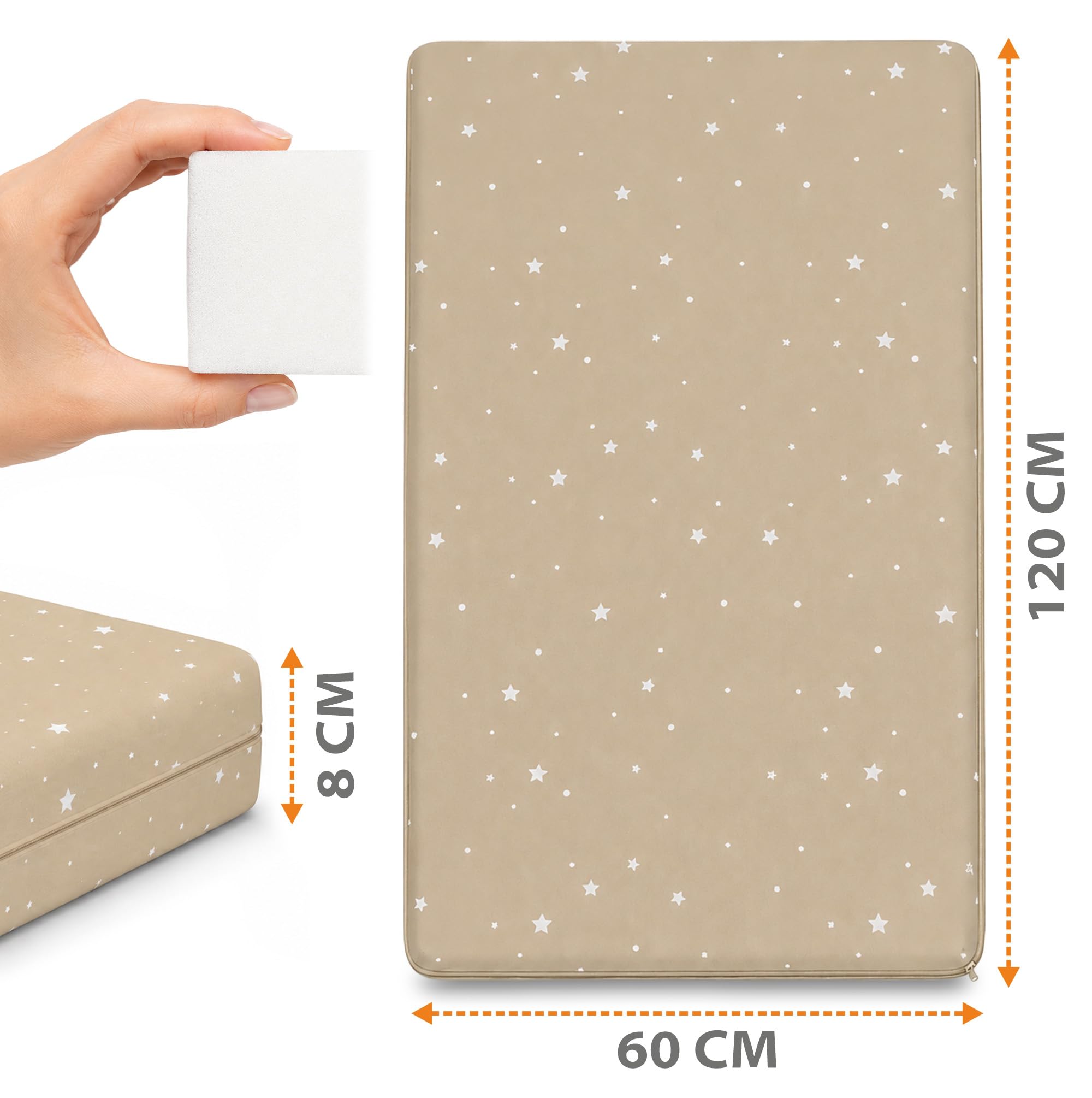 materac dziecięcy do łóżeczka bawełna białe gwiazdki i kropki na beżowym tle 60x120x8 t-1830