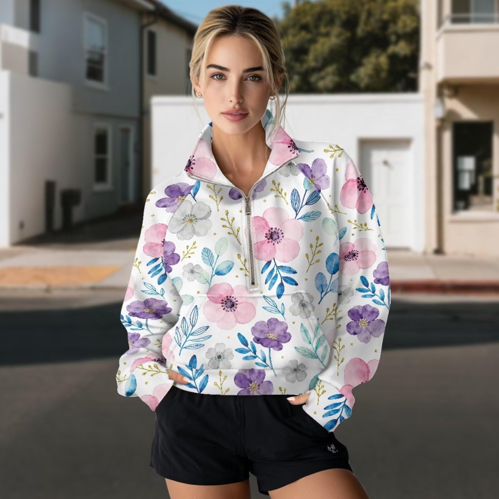 Poceacles Sudaderas cortas para mujer, media cremallera, sudaderas de gran tamaño, sudaderas de moda con cuello alto falso