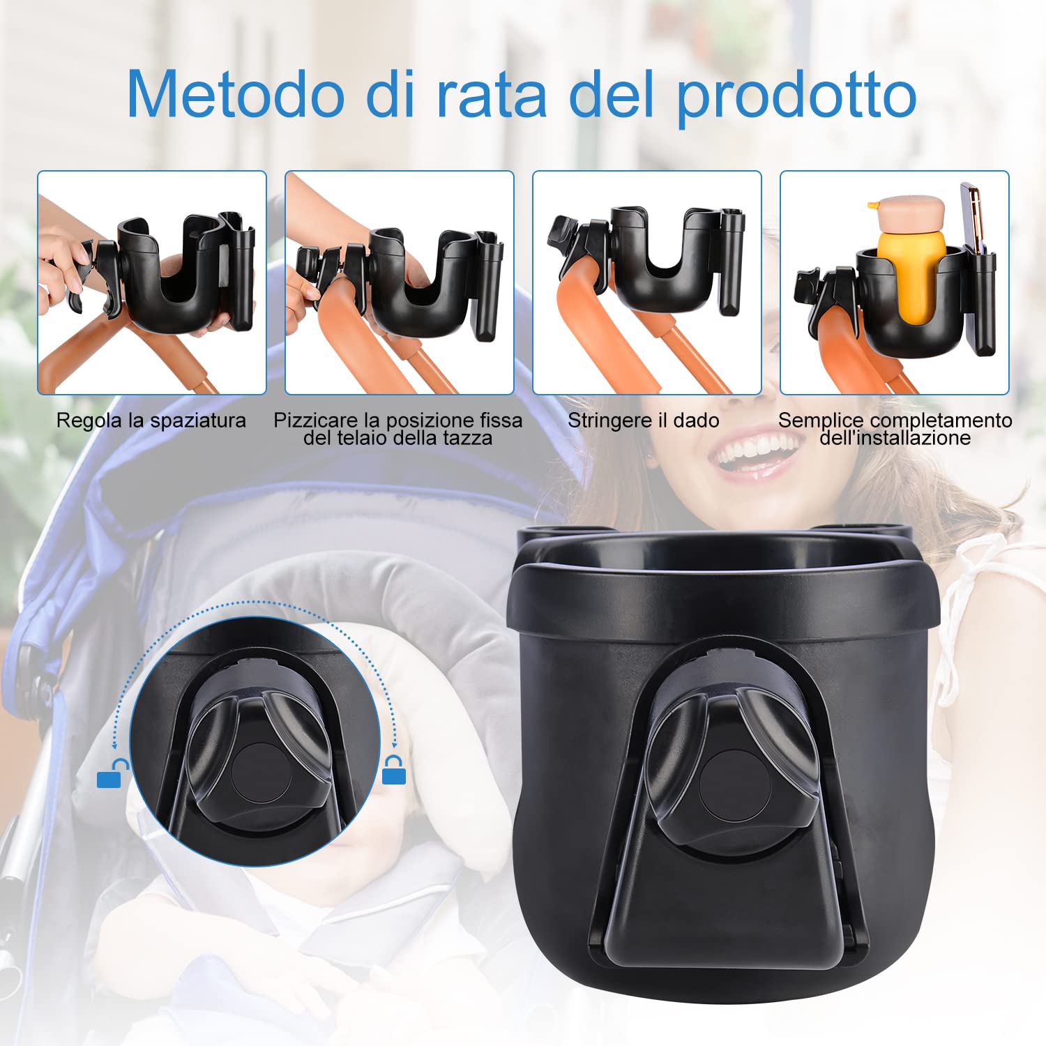 supregear Portabicchieri per Passeggino Universale, Rotazione di 360 Gradi Portabicchieri per Genitori 2-in-1 Portaborraccia Portacellulare per Passeggino Walker Bike, Nero e Senza Attrezzi