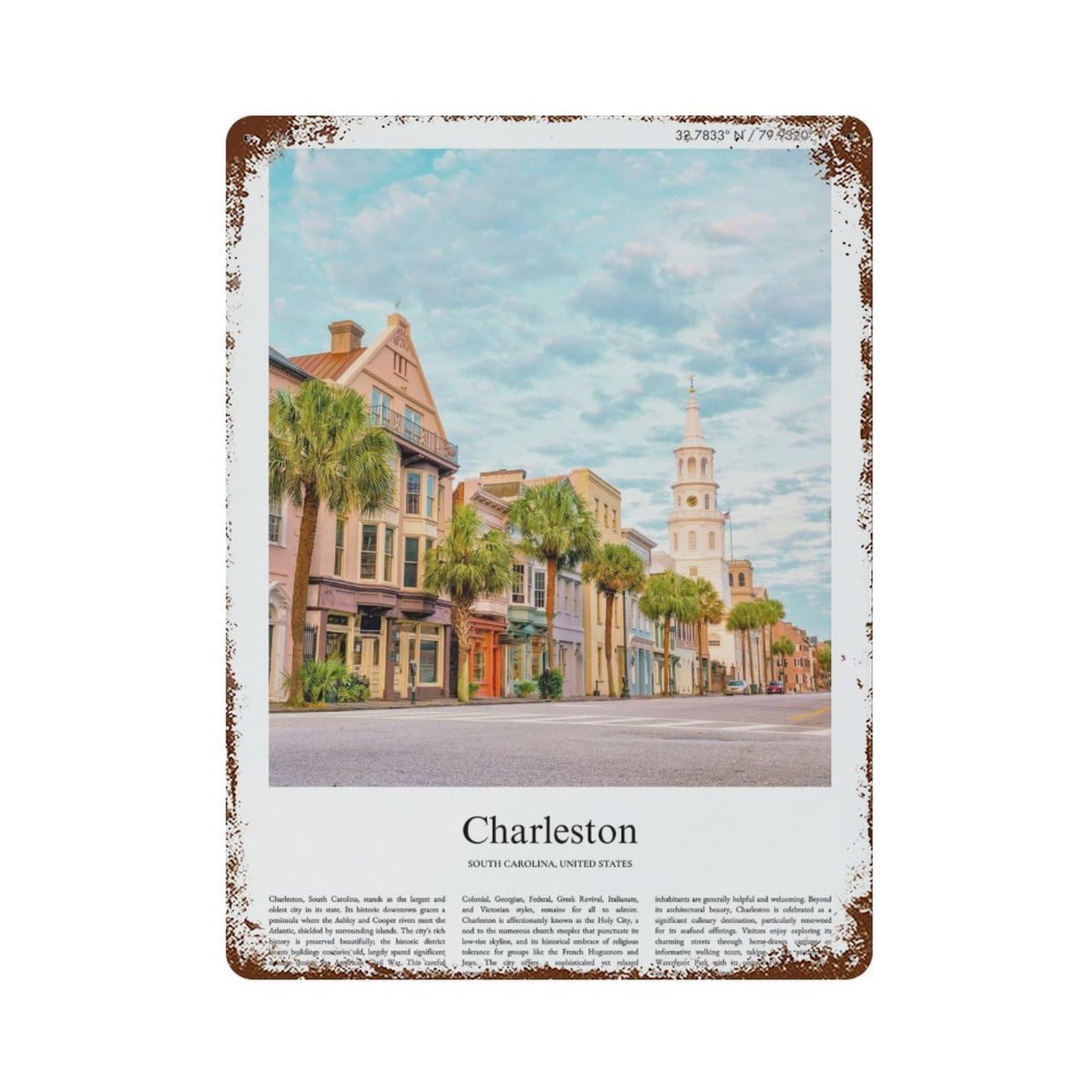xiaoxiaoshen Charleston South Carolina, United States, USA City Scenery Wall Decor Art Metal Tin Poster Modern Home Decor Art Home Bar Shop Decorations Vintage Sign 40x30cm
