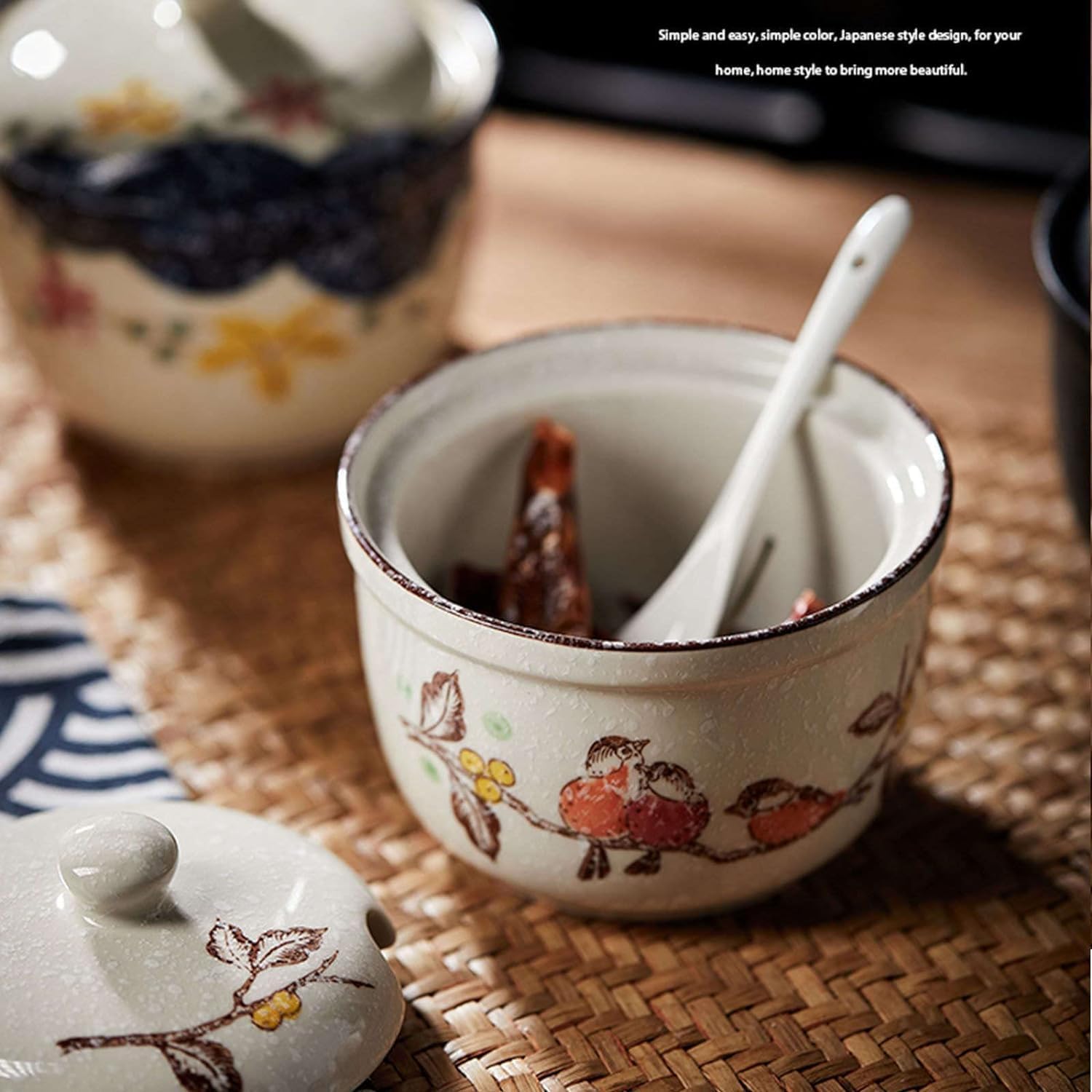 Sugar bowlCountry Style Sugar Bowl with Lid Japanese Hand Painted Pattern Sugar Pot Sugar Container Spice Jar Seasoning Jar-fish-370ml,Fish-One Size