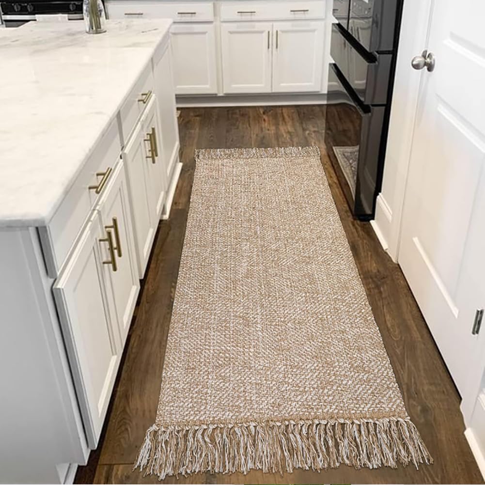 Tapis de salle de bain lavable 60x130 cm en coton tissé rayé brun