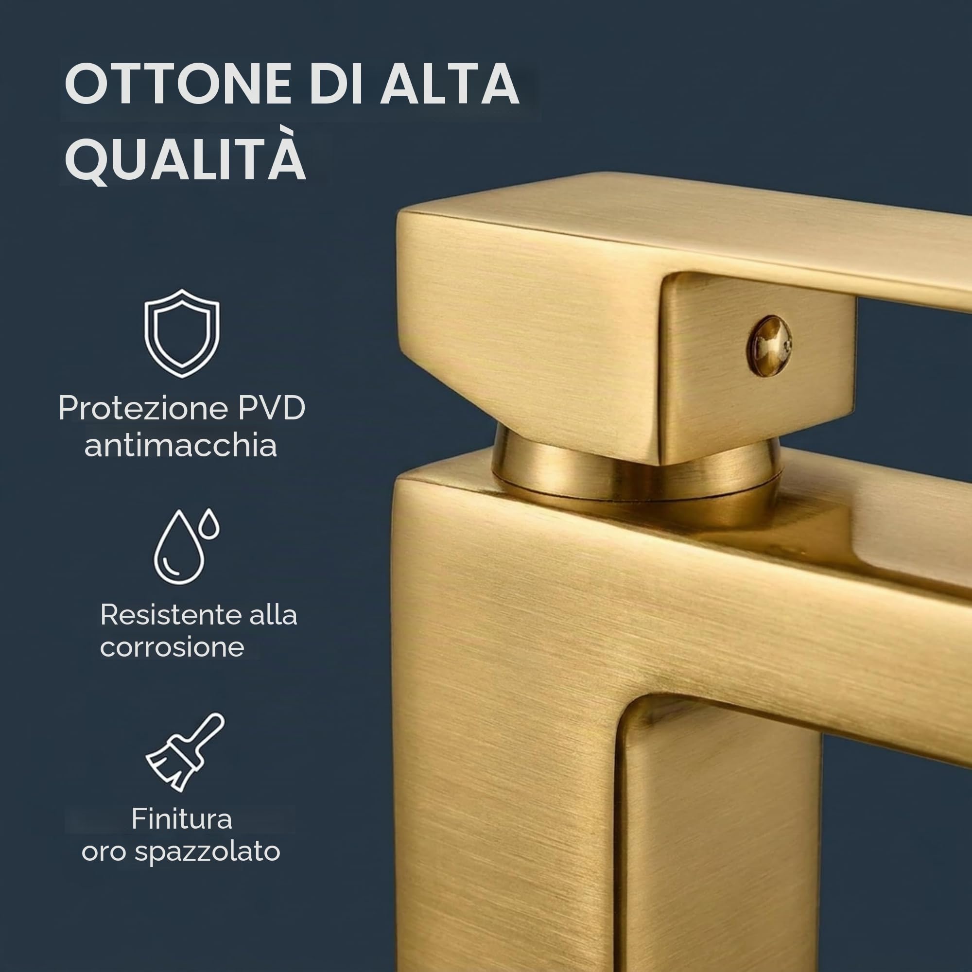 VALAZ Rubinetto Bagno Lavabo Dorato Spazzolato Protezione PVD | Miscelatore Lavabo Bagno Acqua Fredda e Calda, Risparmio Acqua | Installazione Facile | Ottone, Inossidabile, Quadrato, Serie Segura